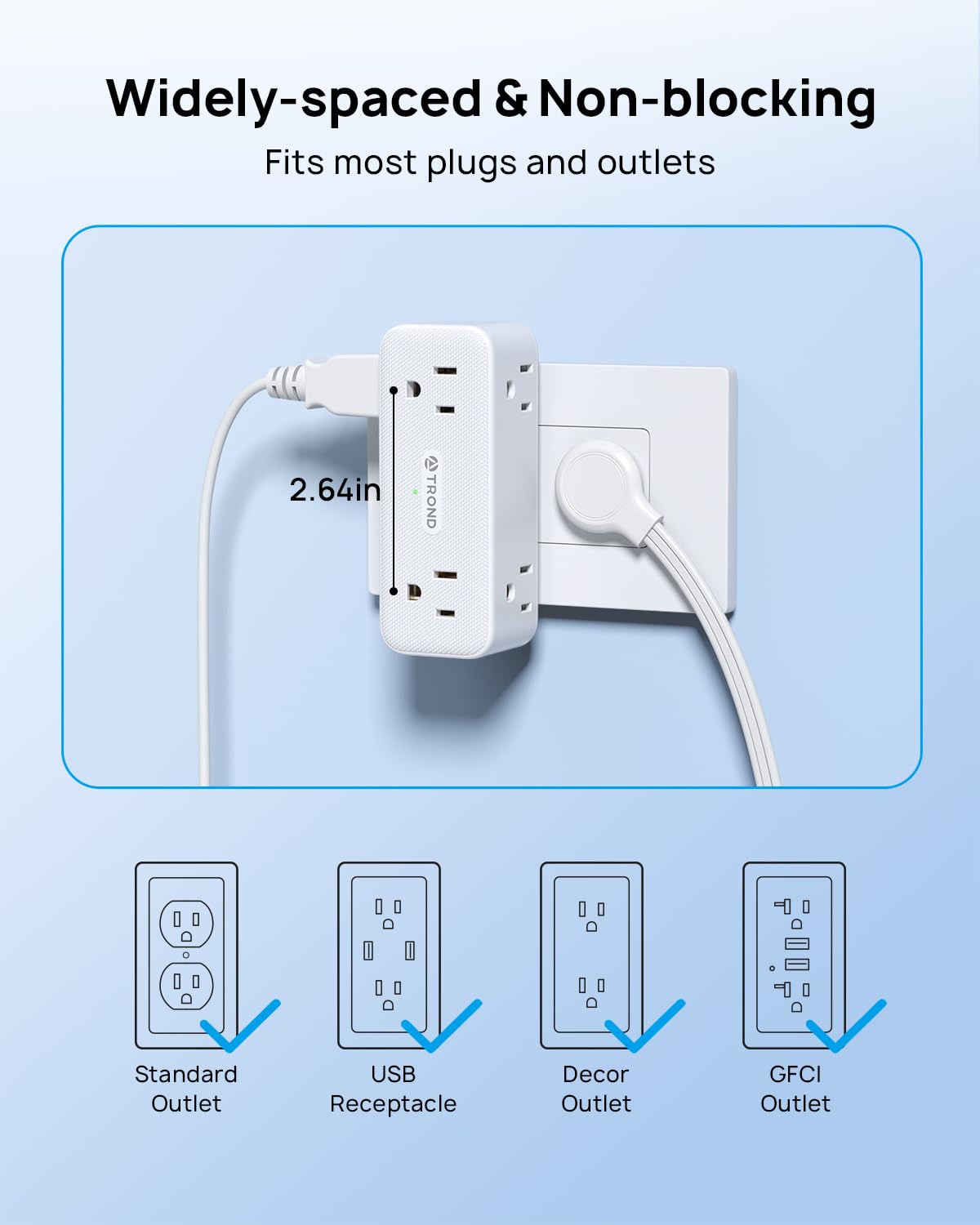 TROND three-sided design keeps outlets spaced to prevent crowding.