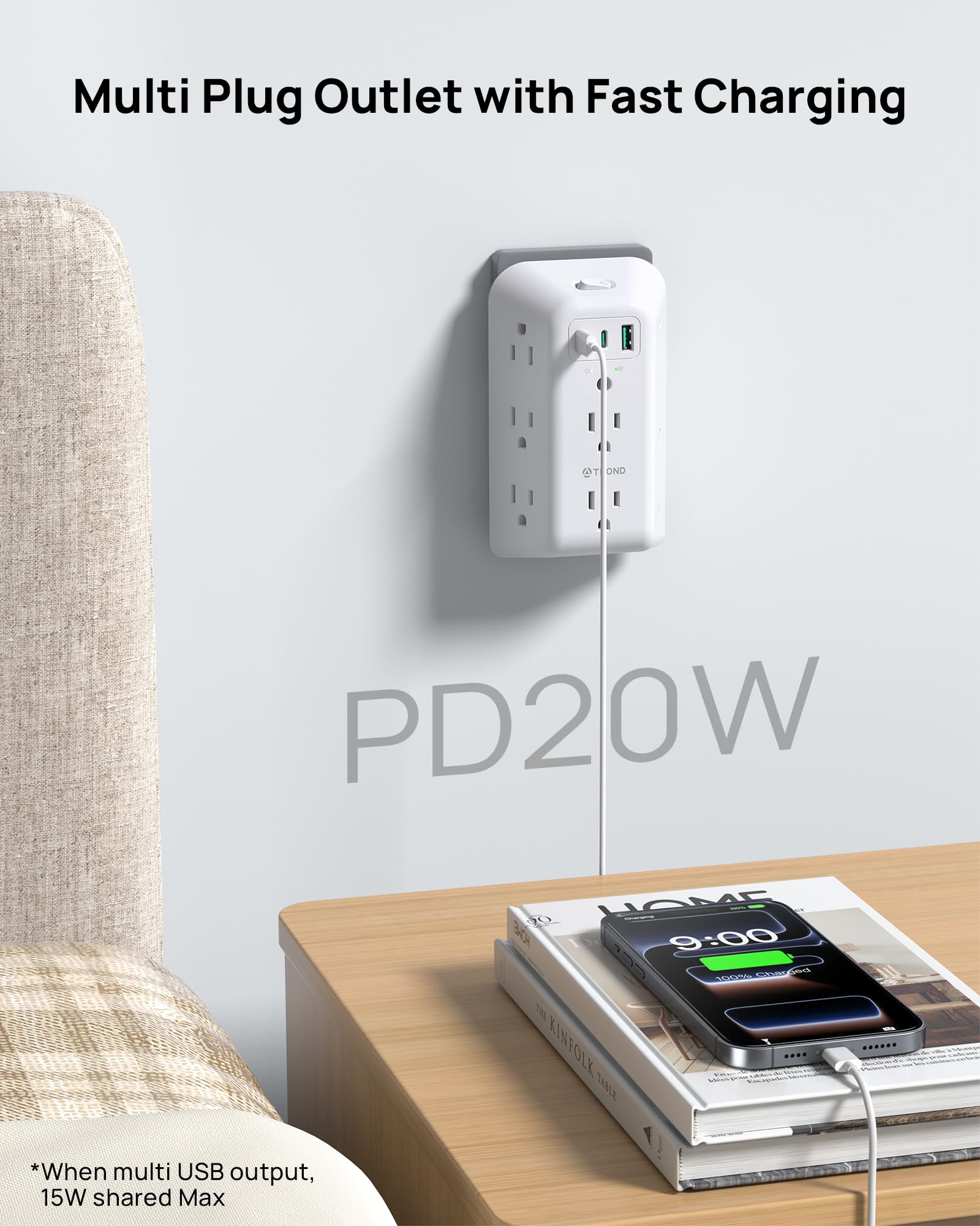 TROND three-sided wide-space design eases bulky adapters.