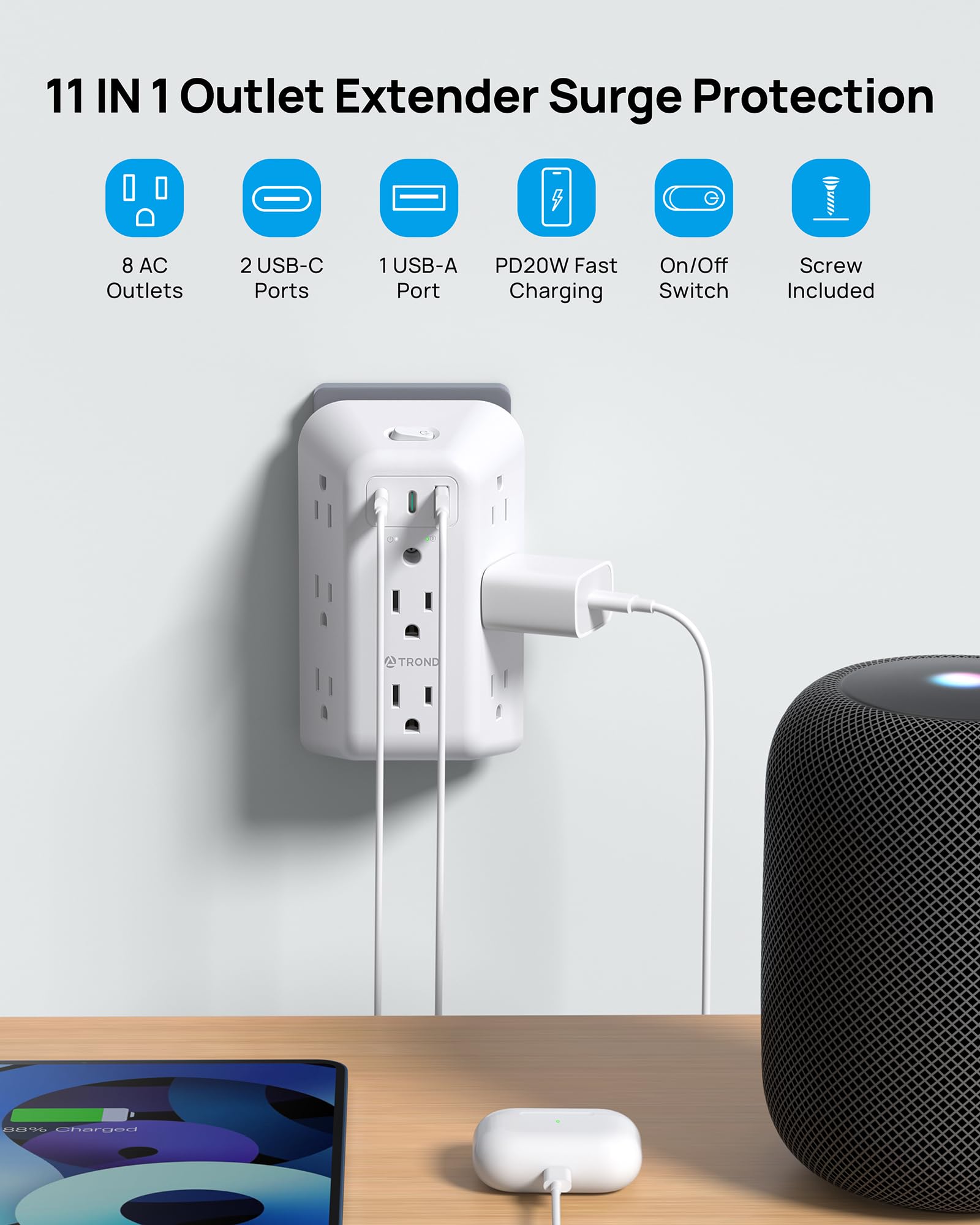 TROND wall-mount screw secured outlet extender fixed to standard outlet.
