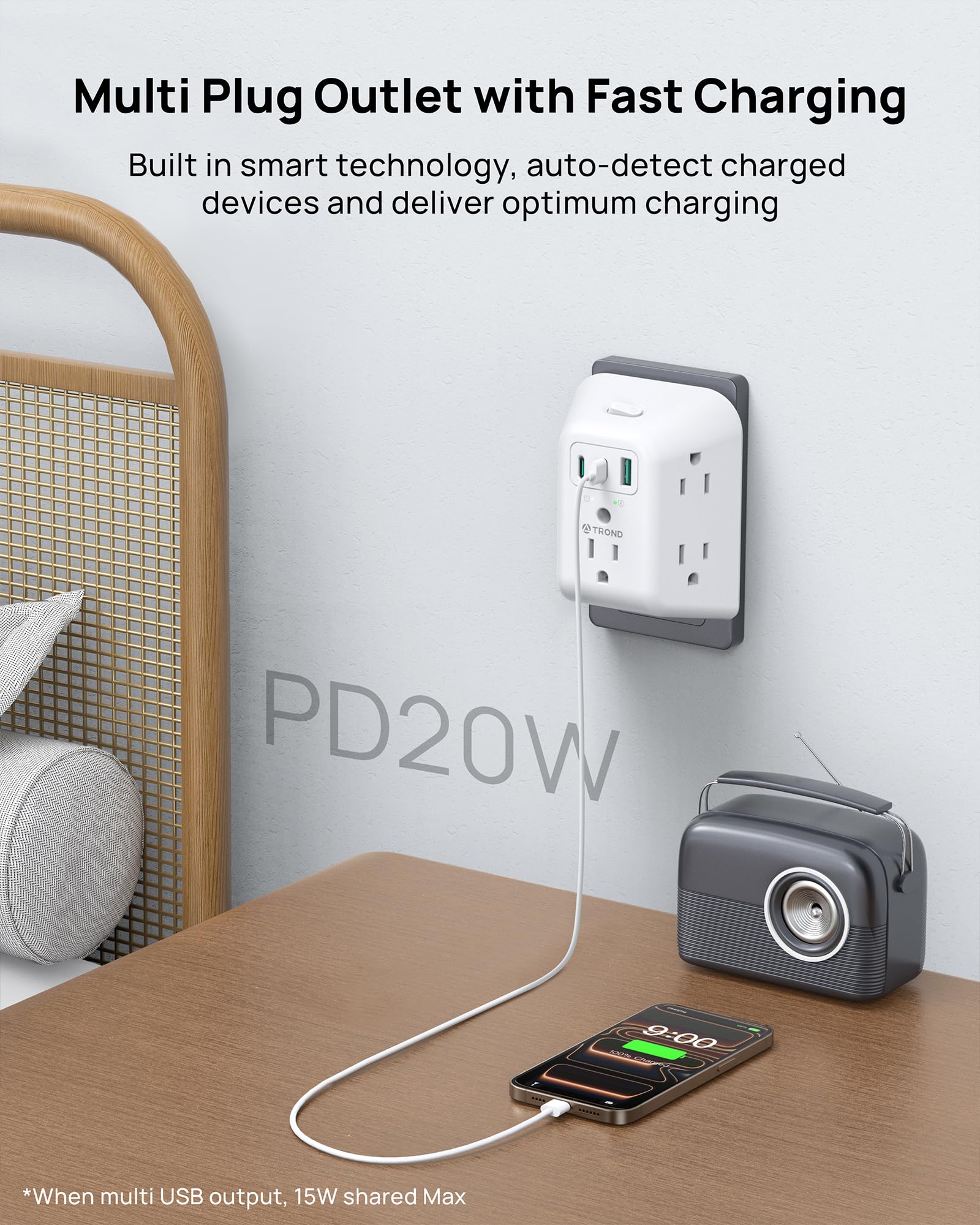 TROND wide-space 5 AC outlets prevent bulky adapters from blocking others