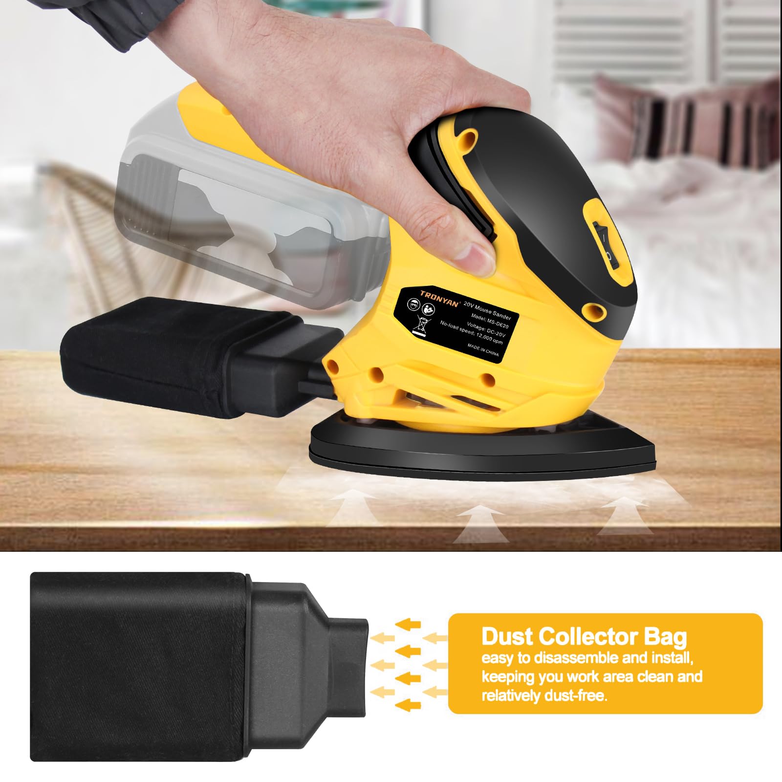 TRONYAN sander features an ergonomic soft rubber handle for comfortable one-handed use.