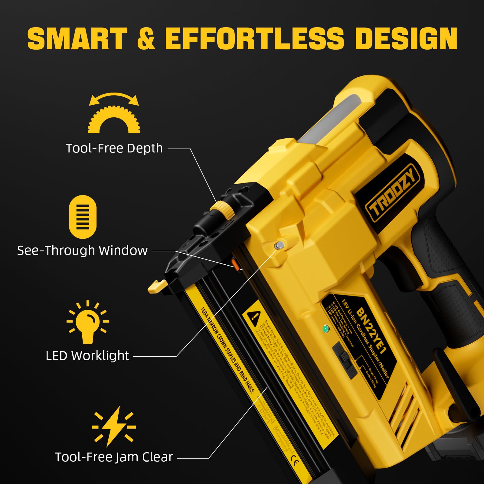 TROOZY depth dial helps achieve flush nail sinking for a clean finish