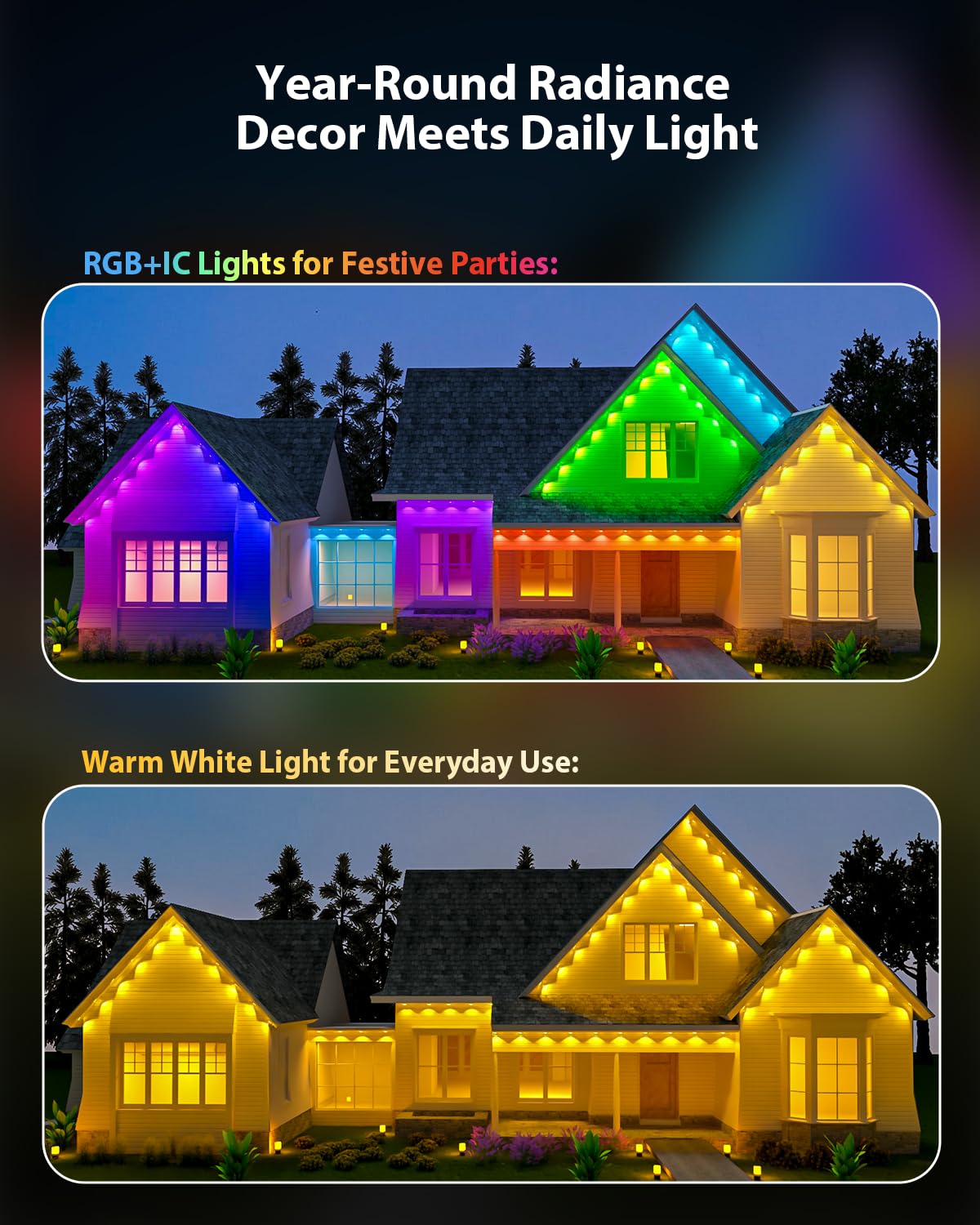Tropwellhouse Permanent Outdoor Light Pro displaying 90 scene modes for various moods
