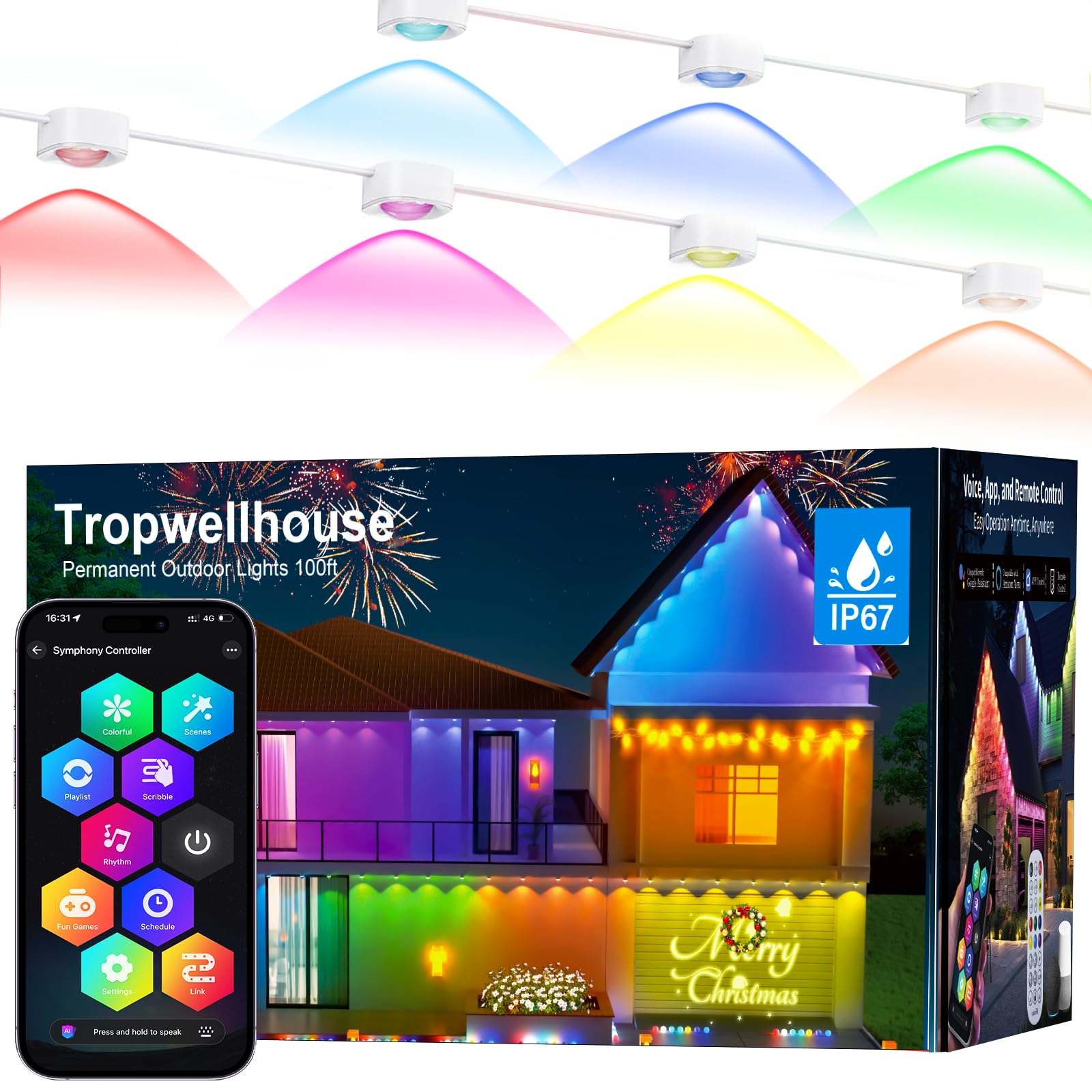 Tropwellhouse Permanent Outdoor Light Pro close-up of RGB LEDs showing vibrant colors for outdoor ambiance