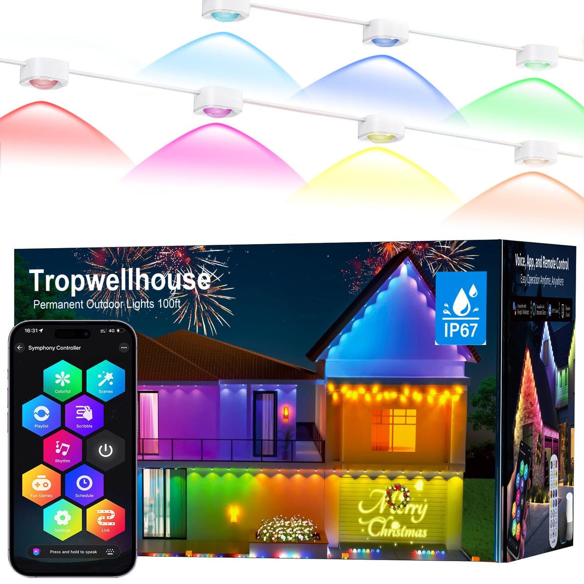 Tropwellhouse Permanent Outdoor Light Pro close-up of RGB LEDs showing vibrant colors for outdoor ambiance