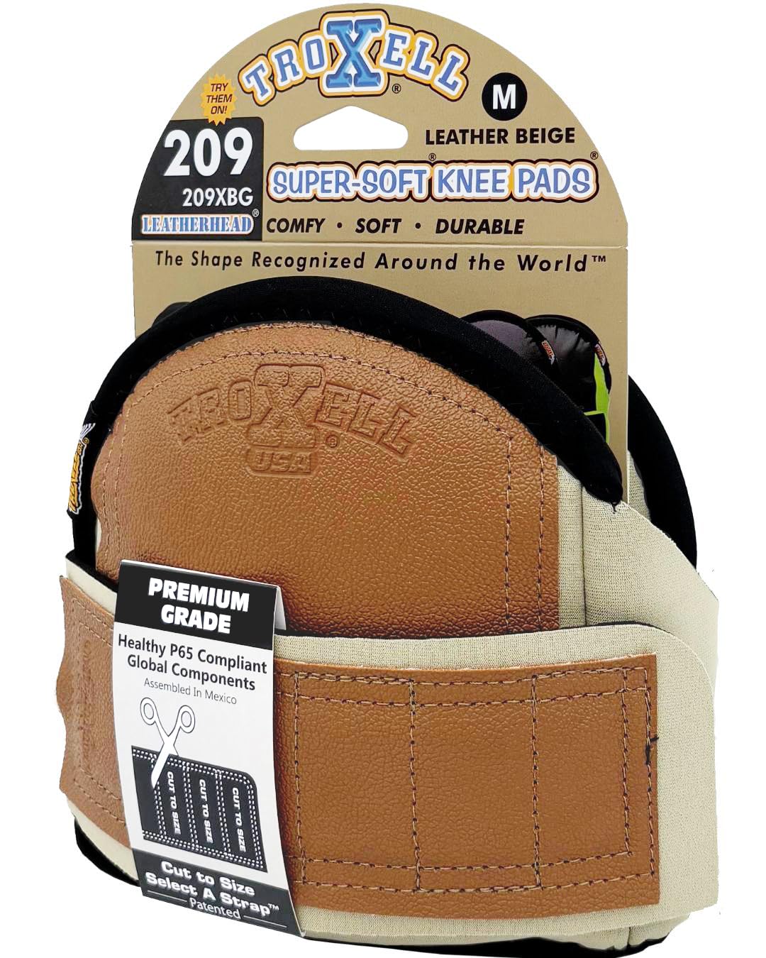 TROXELL USA SuperSoft Beige Leatherhead Kneepads front view, ultra-soft cushioning for knee comfort