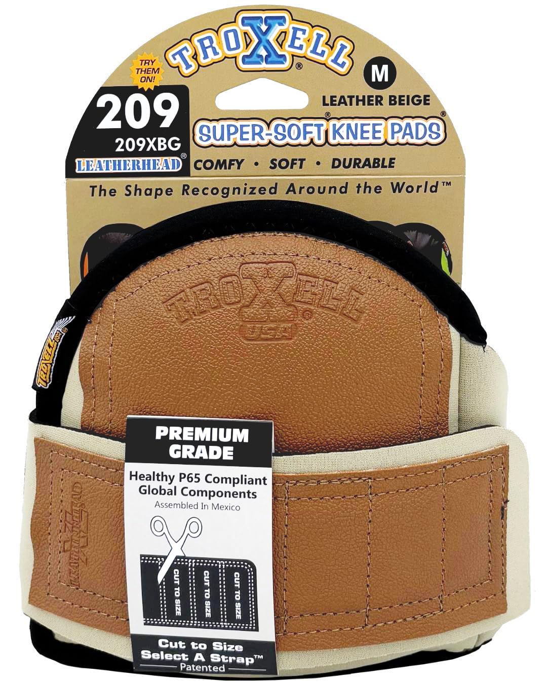 TROXELL USA SuperSoft Beige Leatherhead Kneepads side view, secure neoprene straps prevent slipping