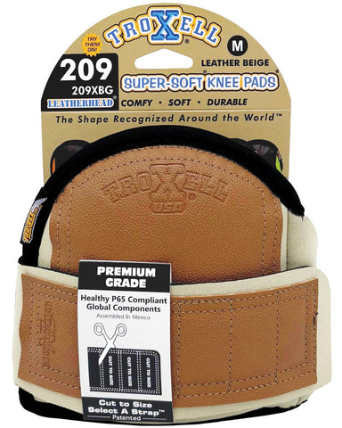 TROXELL USA SuperSoft Beige Leatherhead Kneepads side view, secure neoprene straps prevent slipping