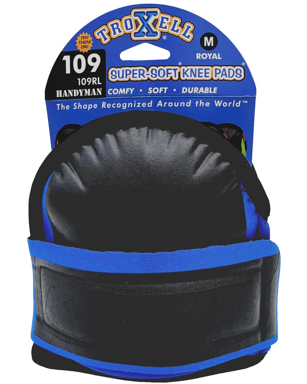 TroxellUSA SuperSoft Royal 109 knee pad strap close-up, showing non-slip neoprene support for secure fit.