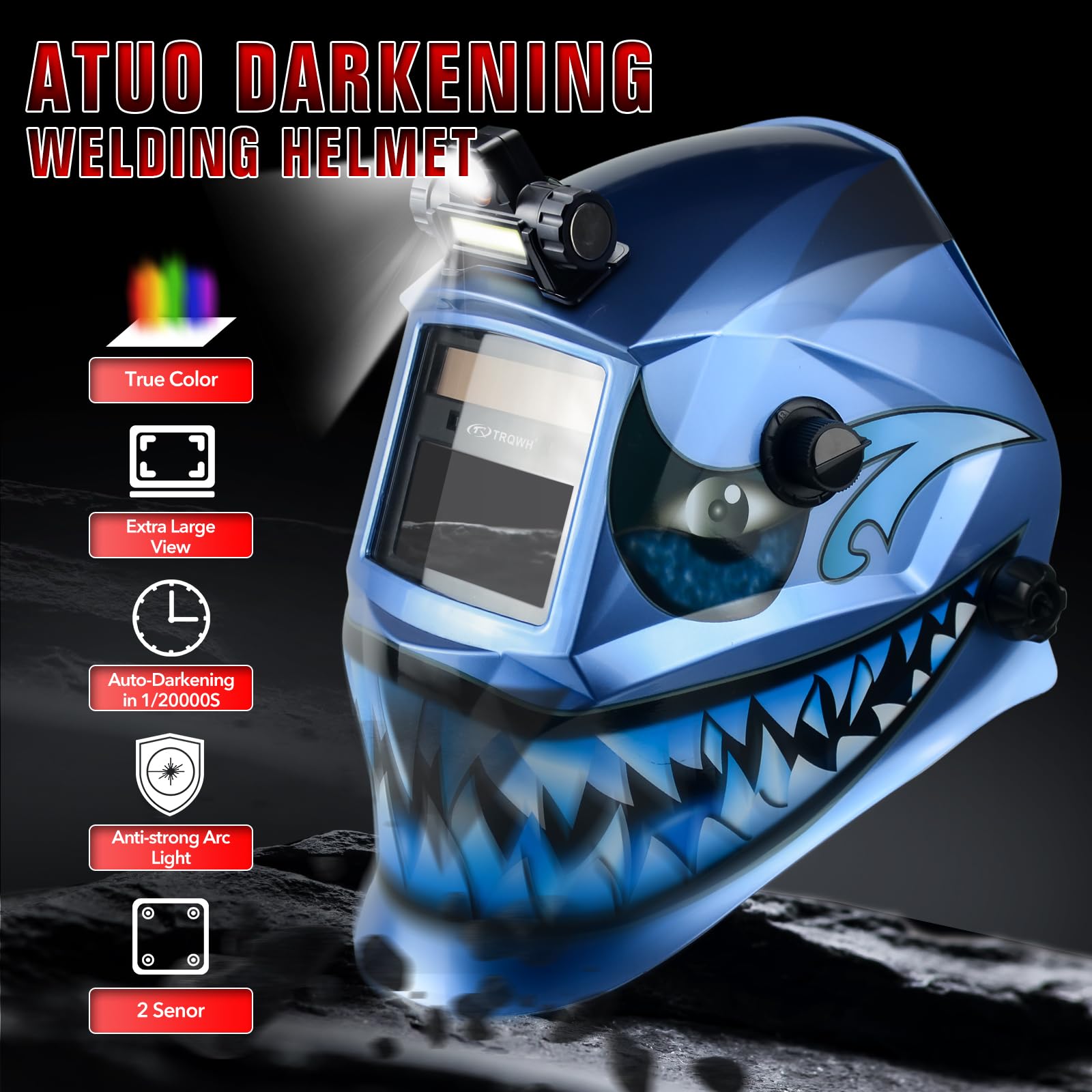 TRQWH auto-darkening lens responds fast to arc light for eye protection.