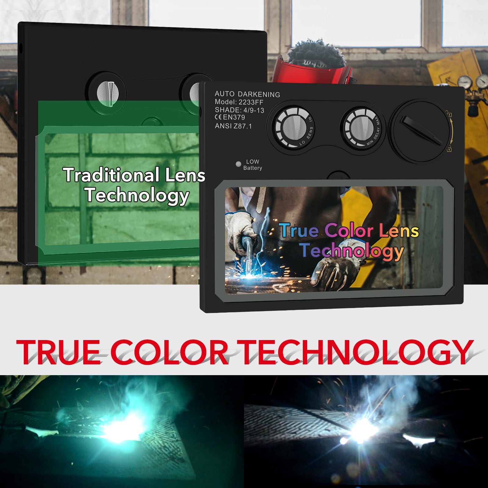 TRQWH solar powered welding helmet with USB light for dim environments.