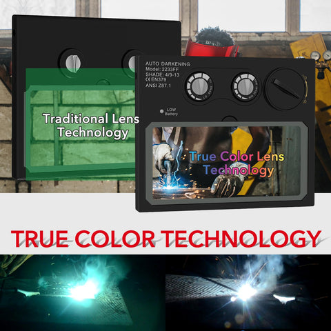 TRQWH solar powered welding helmet with USB light for dim environments.