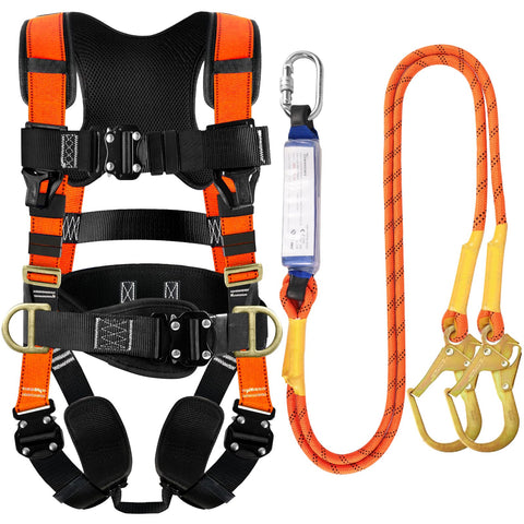 TRSMIMA safety harness front view with four quick-release buckles for fast donning on job sites.