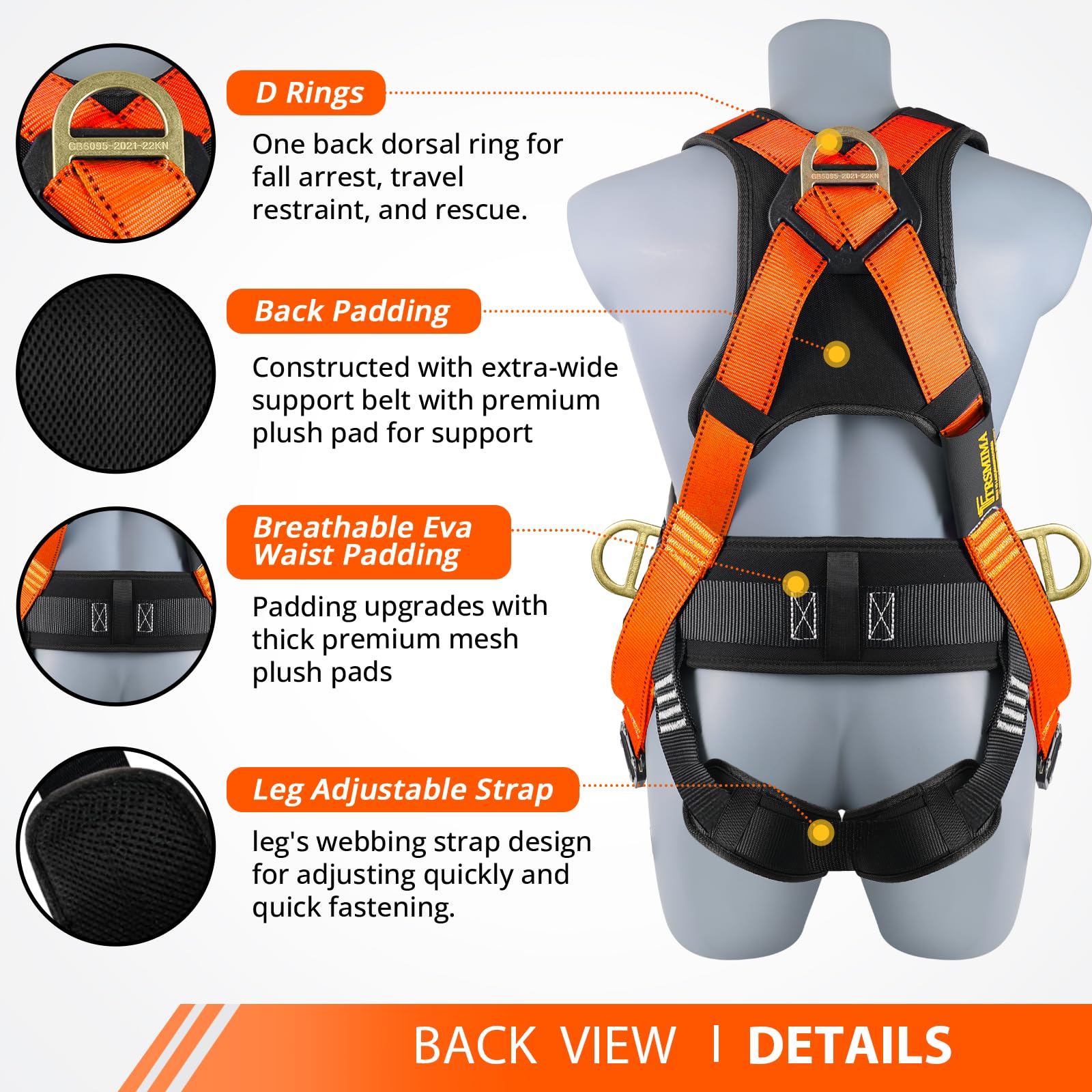 TRSMIMA safety harness with fall arrest lanyard and dual hooks for secure attachment.