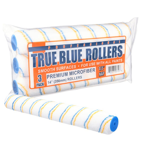 True Blue 14in professional roller cover applying even paint finish on a wall