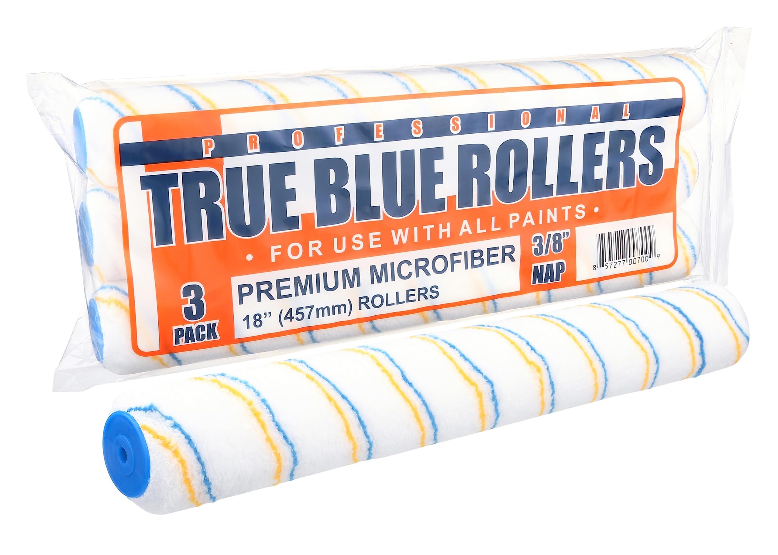 True Blue 18in pro paint roller cover closeup showing dense microfiber for smooth coverage
