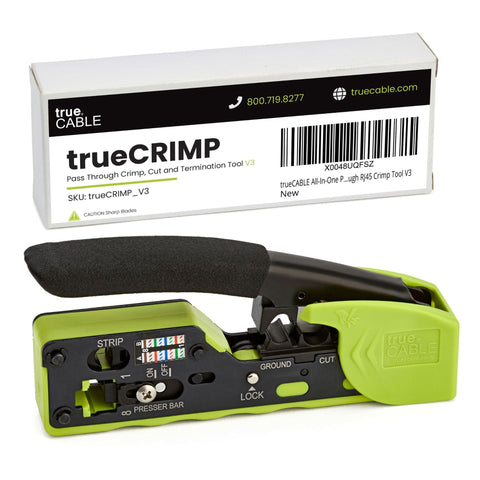TRUE CABLE pass-through RJ45 crimp tool in action enabling precise terminations with pass-through plugs