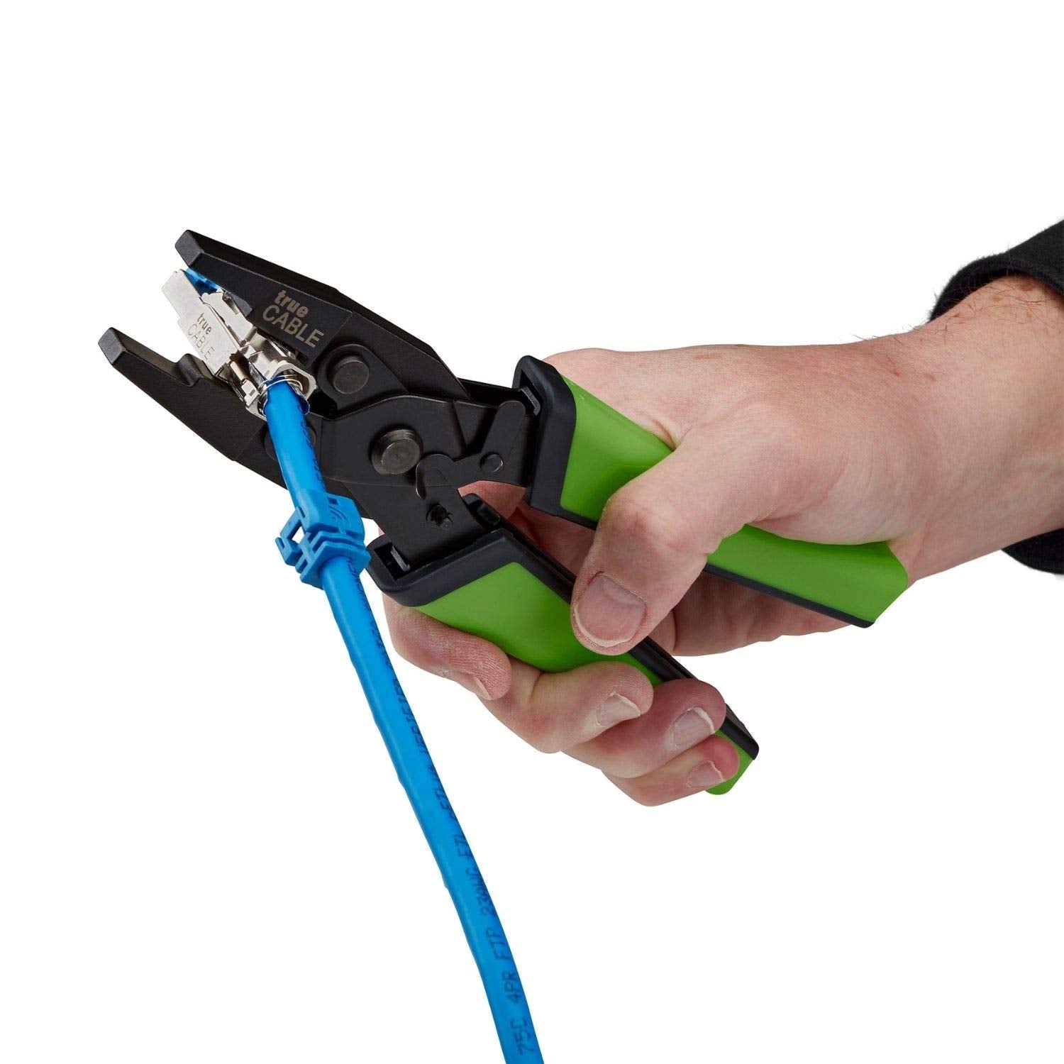 TRUE CABLE rubberized handles reduce fatigue during terminations.