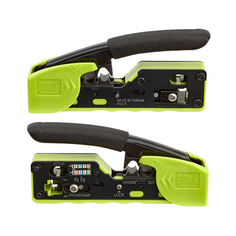 TRUE CABLE shielded RJ45 crimp tool demonstrating ground crimp compatibility