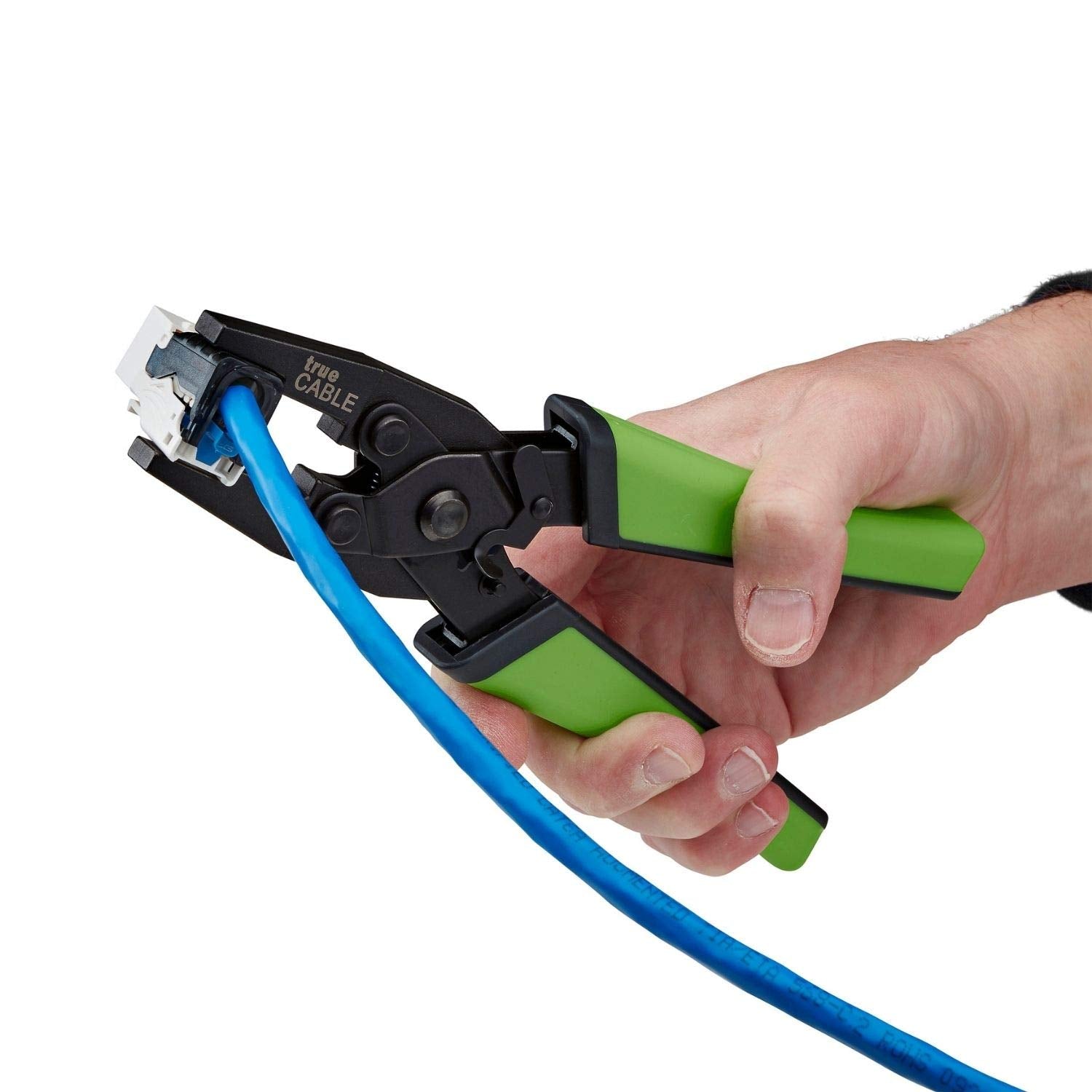 TRUE CABLE toolless keystone crimping close-up showing stable platform.