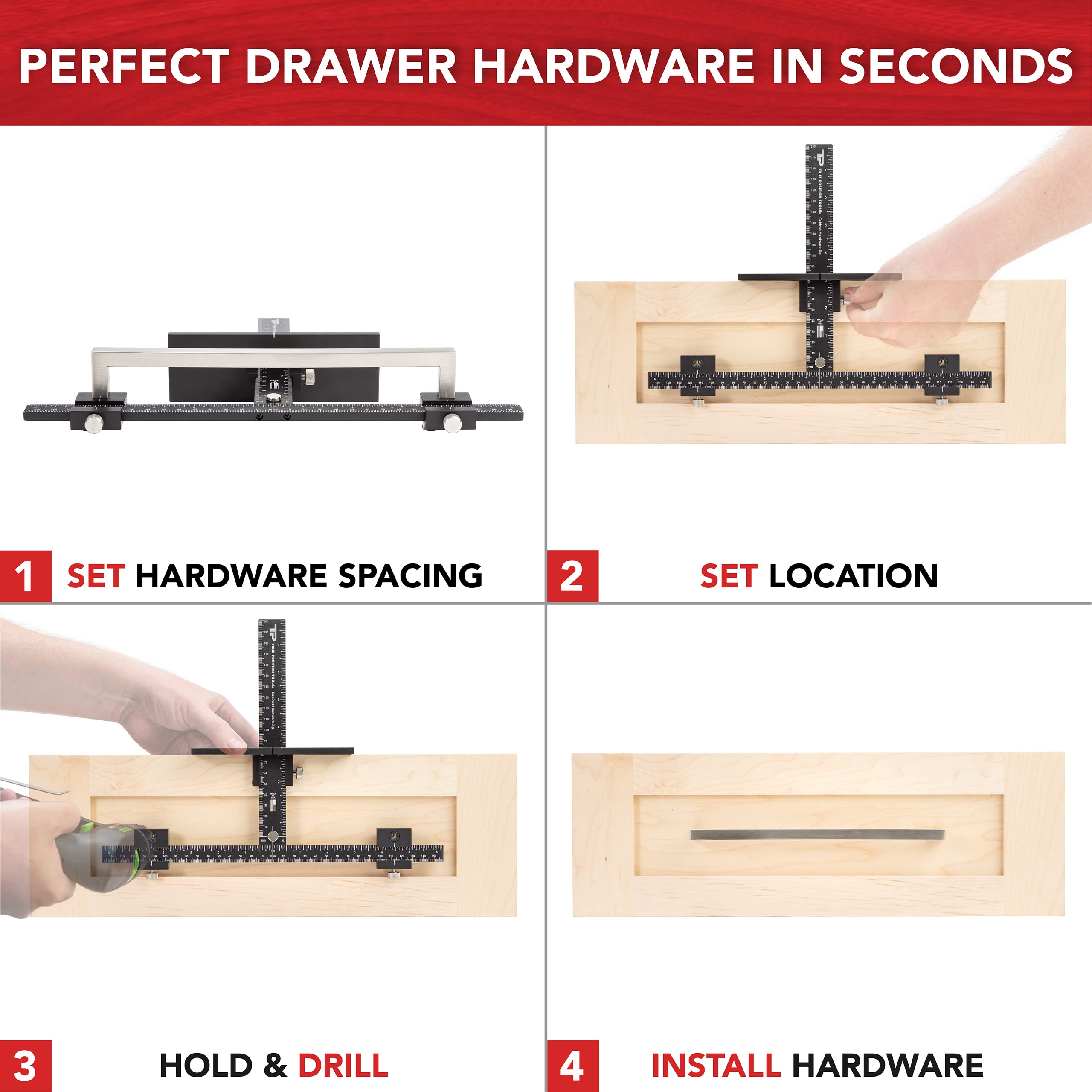Jig in use on a kitchen cabinet installation demo by True Position Tools.
