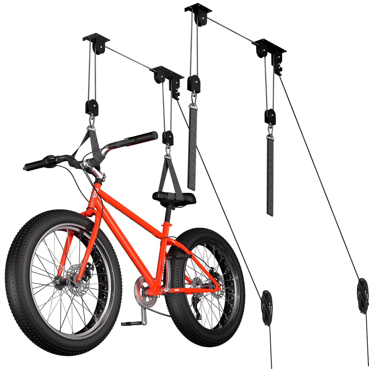 TRUSOON bike-hoist on ceiling demonstrates 85 lb capacity for ebikes and bikes
