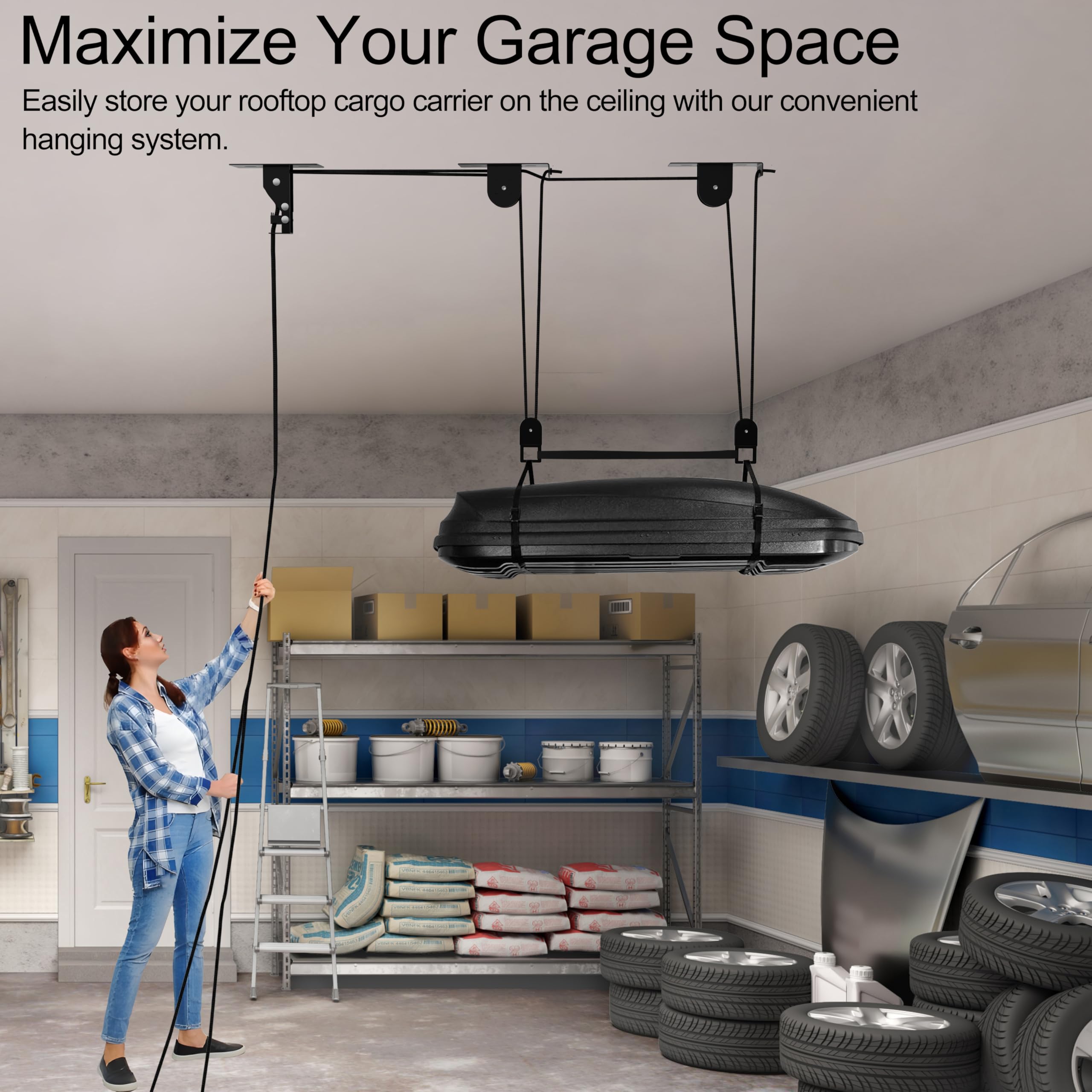 TRUSOON garage ceiling hoist in action lifting gear safely