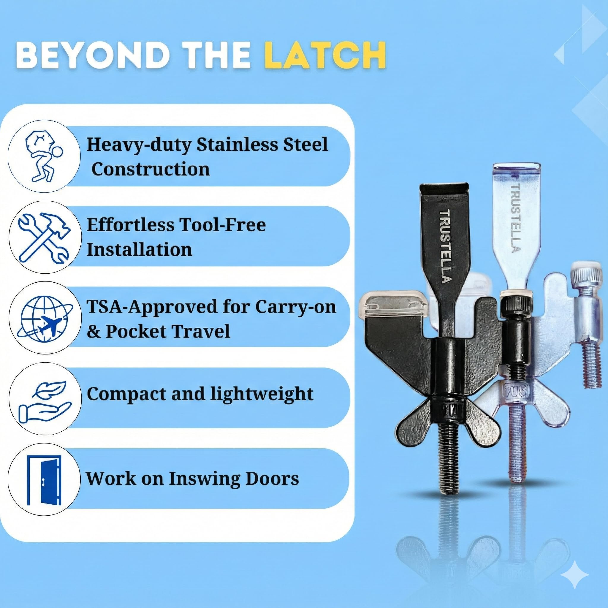 Trustella portable door lock with silicone caps protects surfaces and reduces movement