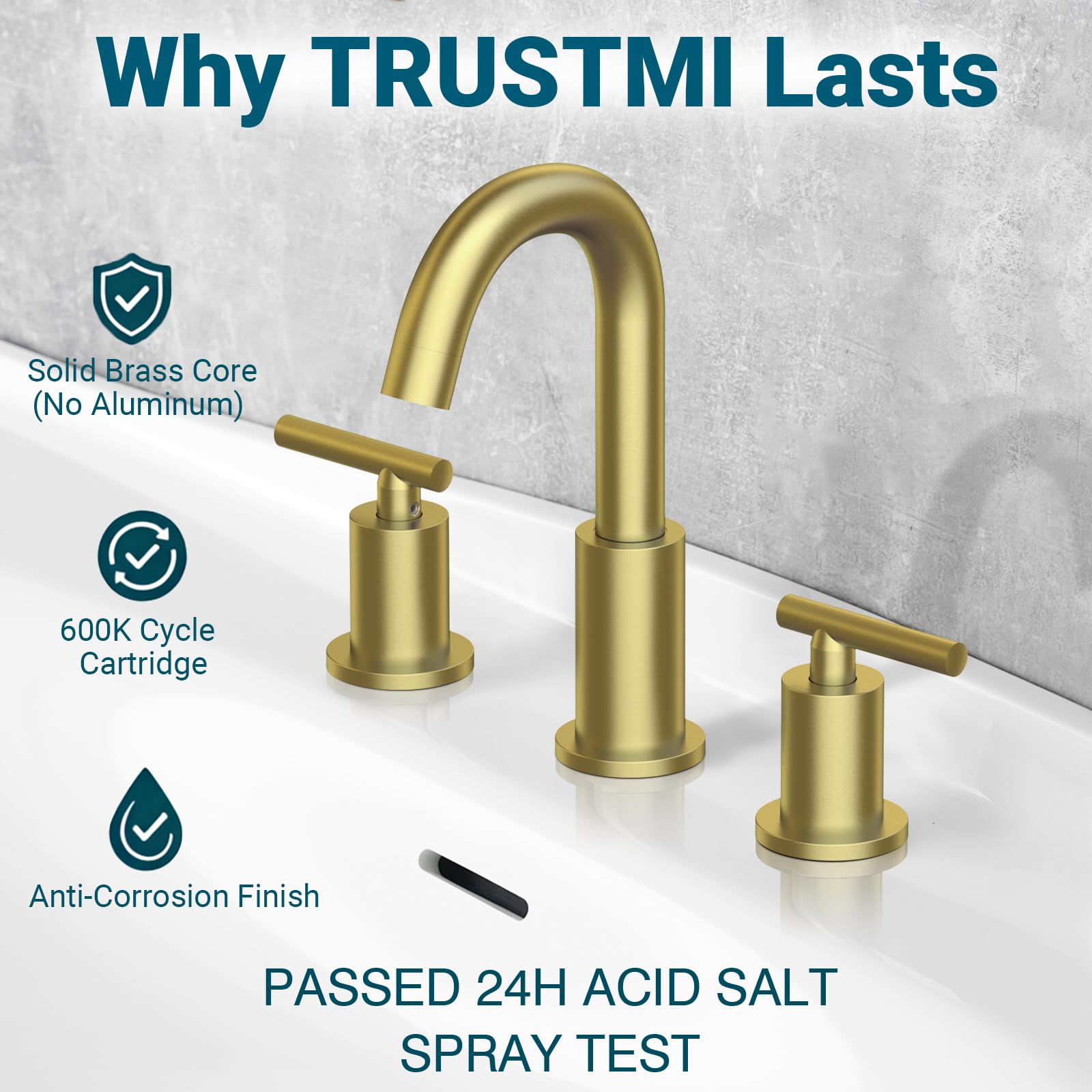 TRUSTMI brushed gold two-handle faucet provides precise temperature control and smooth operation.