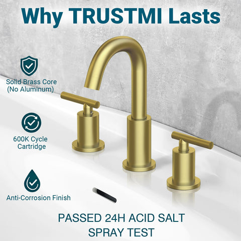TRUSTMI brushed gold two-handle faucet provides precise temperature control and smooth operation.
