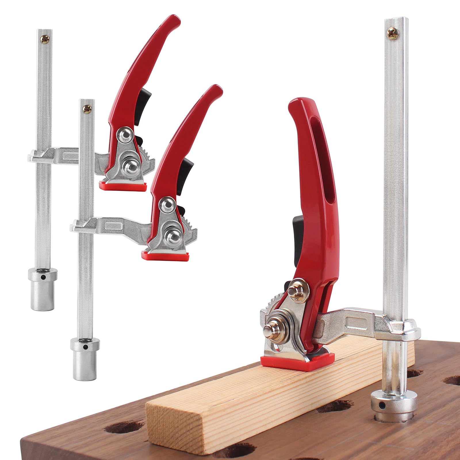 TRUTOPWAY bench dog clamp demonstrates quick ratchet action for fast, precise hold