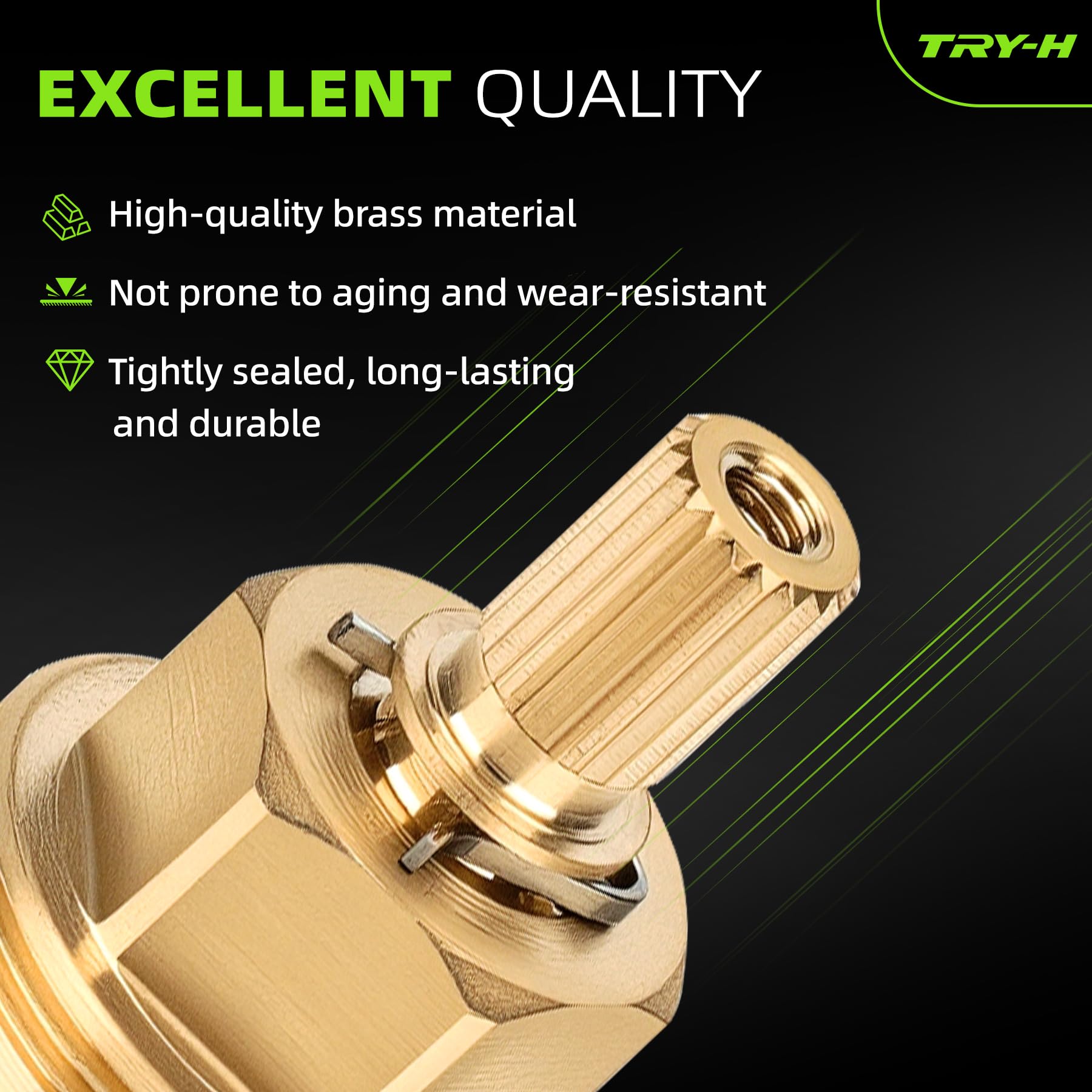 Try-H brass cartridge body with water-flow control visual illustrating leak prevention.