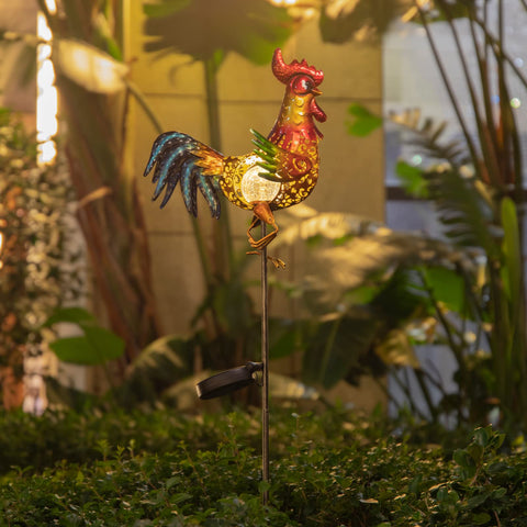 Tryme rooster illuminated garden ornament enhances outdoor mood after dark