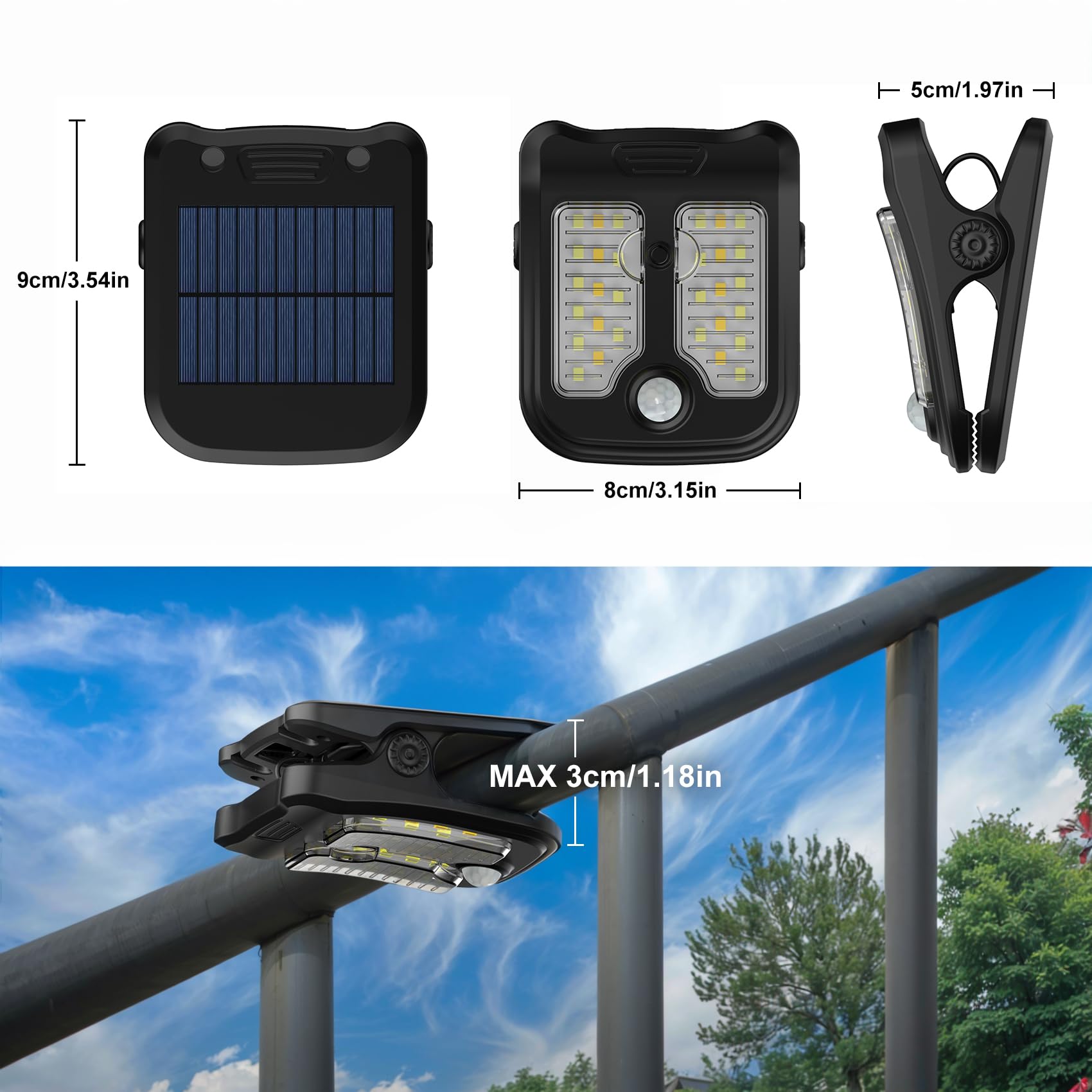 Tryme small solar light clipped onto a patio rail for safe steps.
