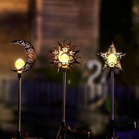 Tryme solar garden set moon sun star showcases three motifs for day and night
