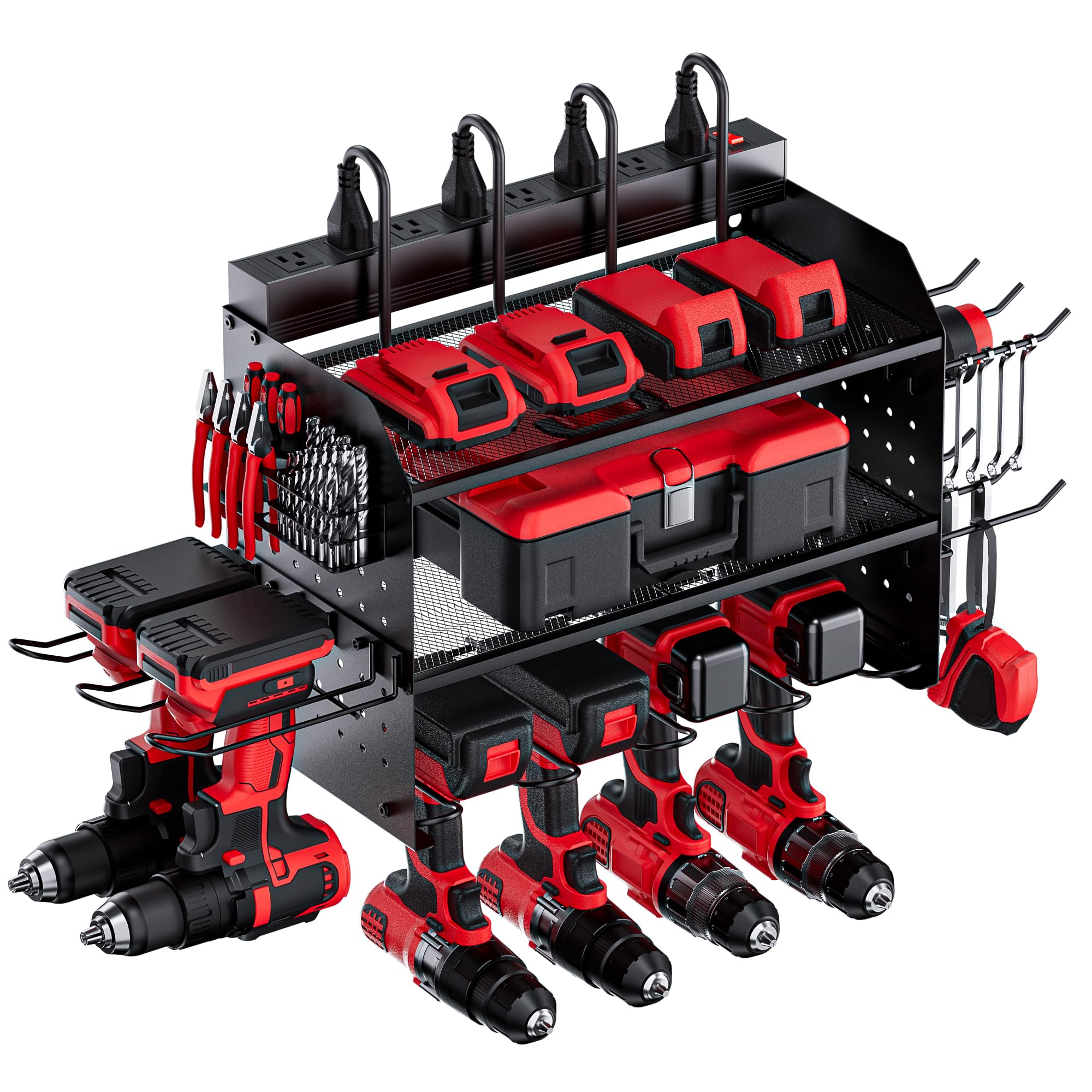 TRZZ power tool organizer with outlets keeps charging nearby and tools ready.