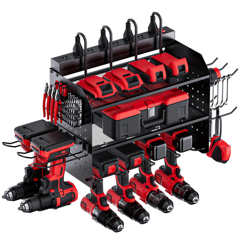 TRZZ power tool organizer with outlets keeps charging nearby and tools ready.