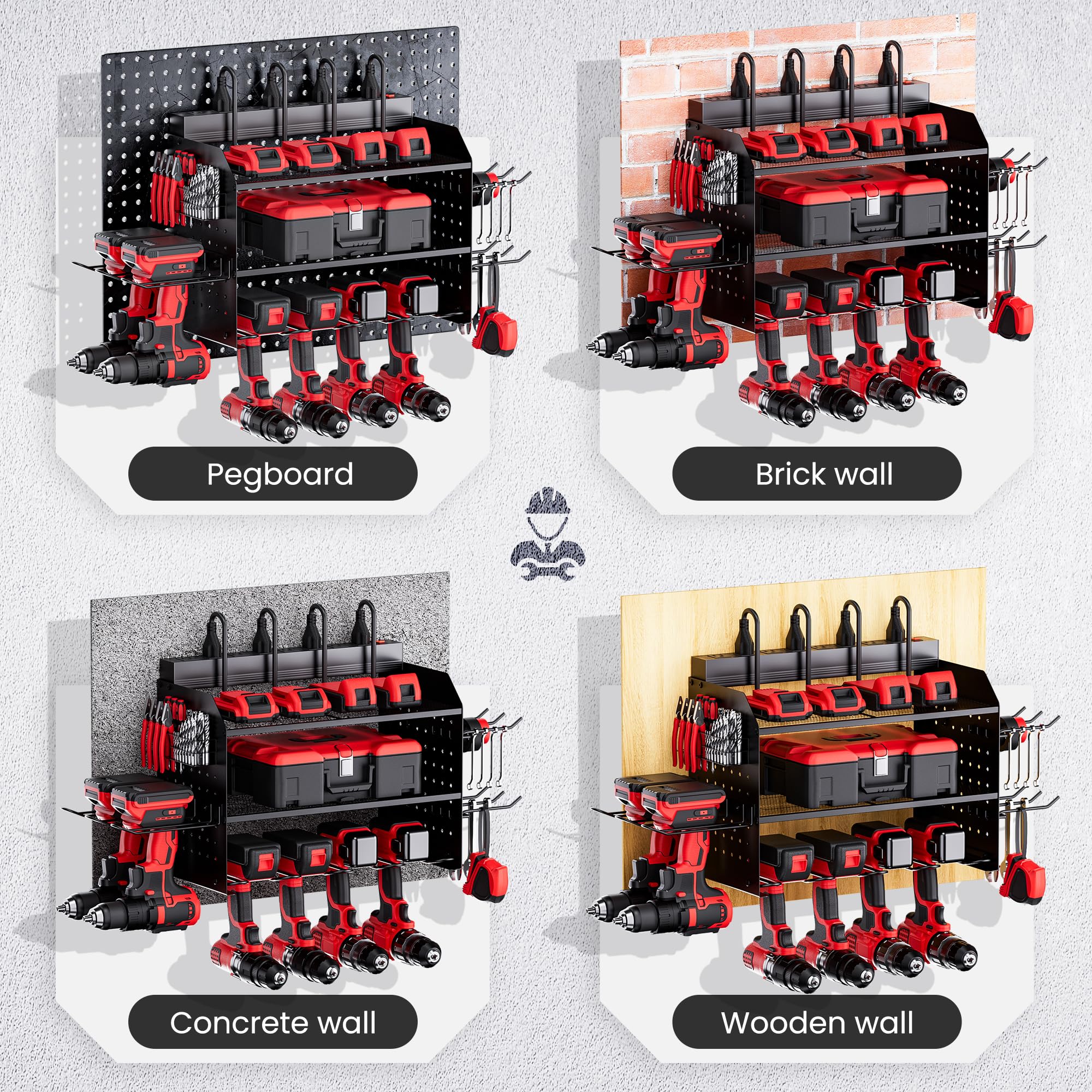 TRZZ workspace organizer keeps garage tidy and tools within reach.