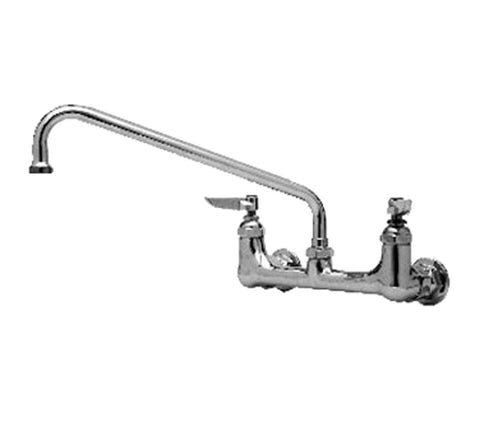 T&S Brass double pantry faucet in chrome, wall-mounted with 12-inch swing nozzle for versatile reach in prep areas