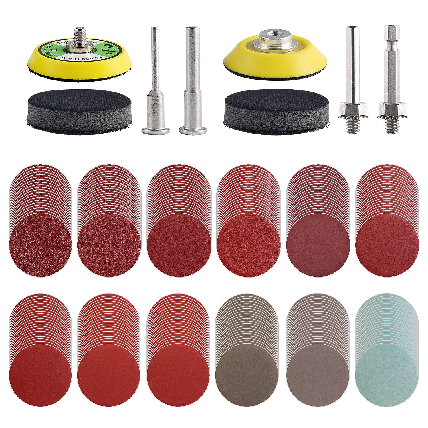 Tshya 2-inch sanding discs kit packaging showing 12 grits for versatile woodworking.