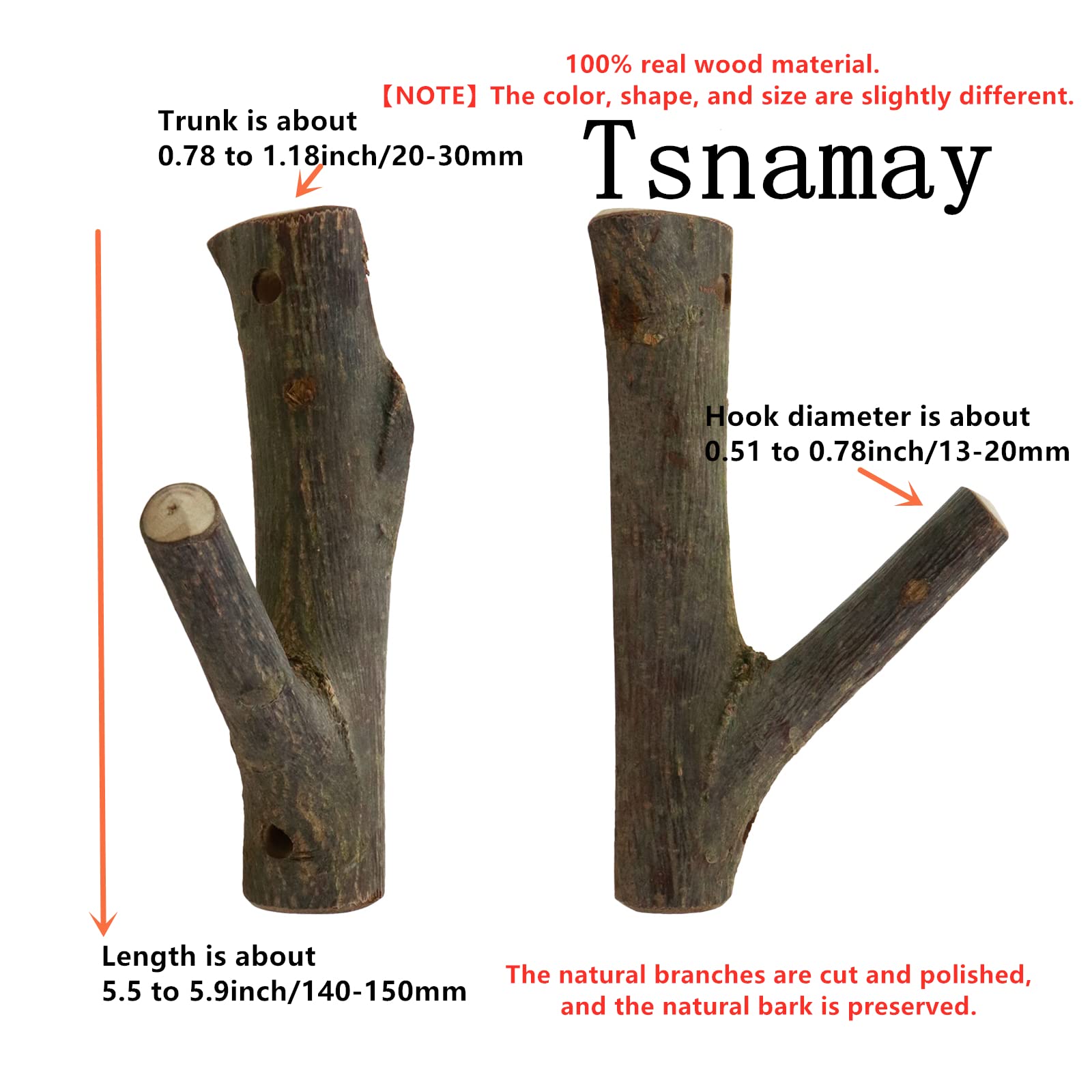 Tsnamay branch hook with bark trunk adds natural decor and sturdy hanging.