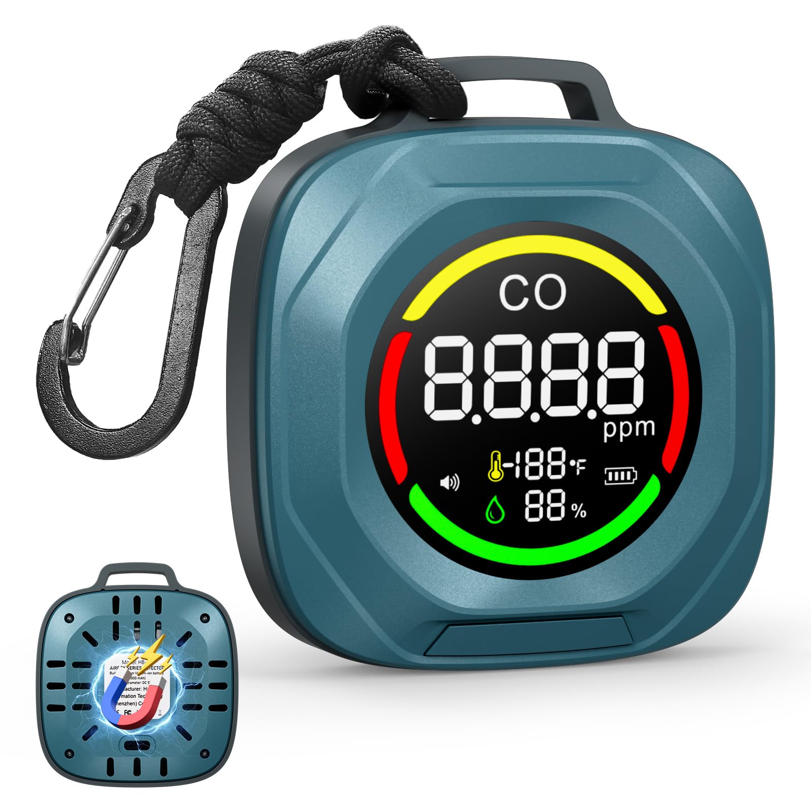 Tsokzo 3-in-1 CO detector front display showing CO, temperature, and humidity levels for safe travel