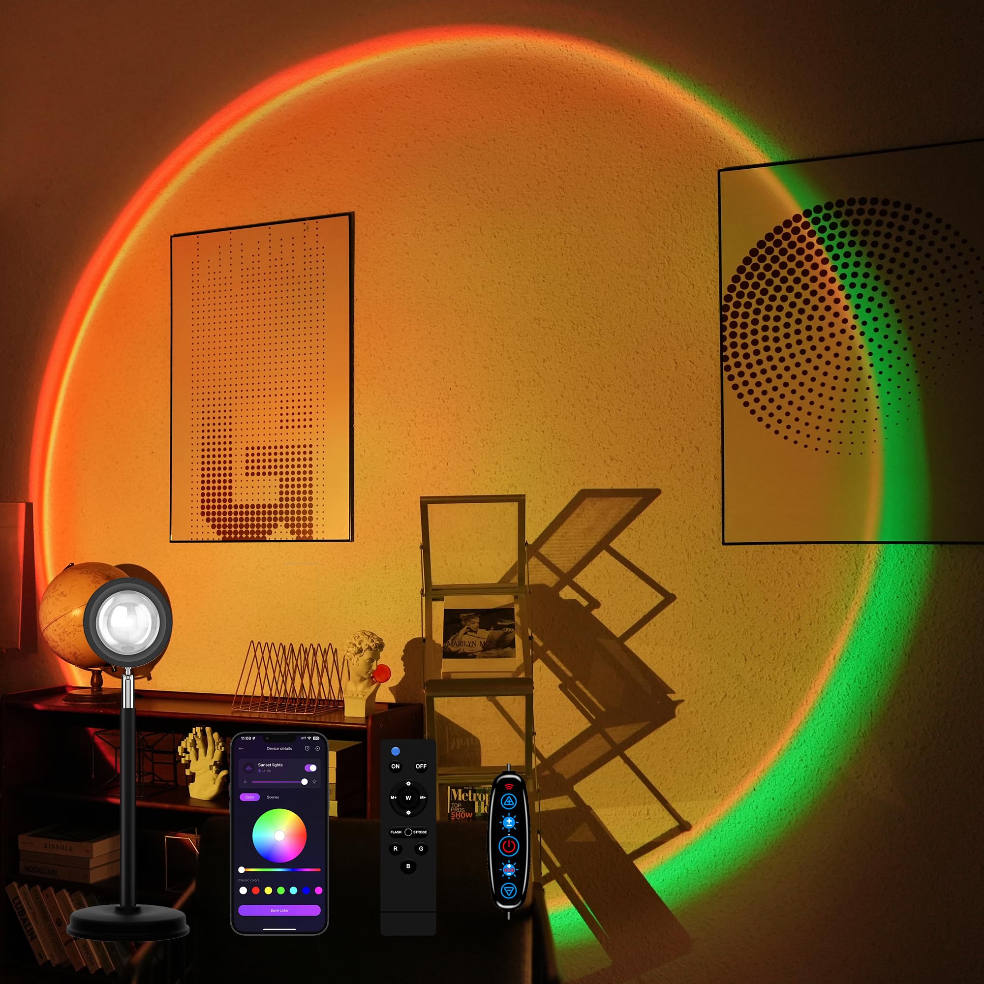Tsrarey Sunset Lamp Projector with remote glow creating warm sunset ambiance.