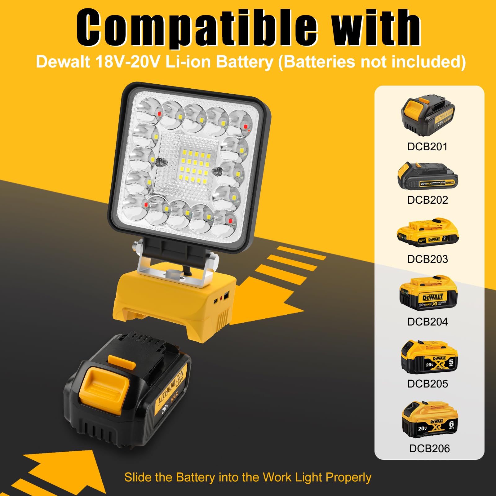 T-SUN 55W Work Light demonstrates DEWALT battery compatibility.