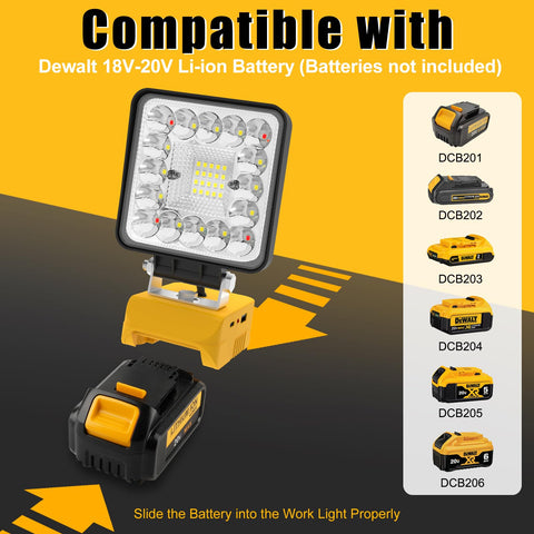 T-SUN 55W Work Light demonstrates DEWALT battery compatibility.