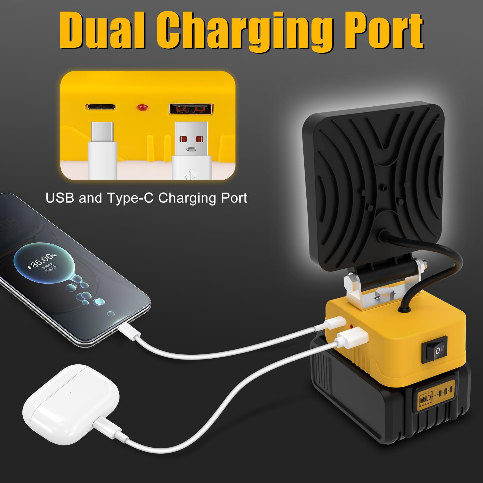T-SUN 55W Work Light features USB-C and USB charging for devices.