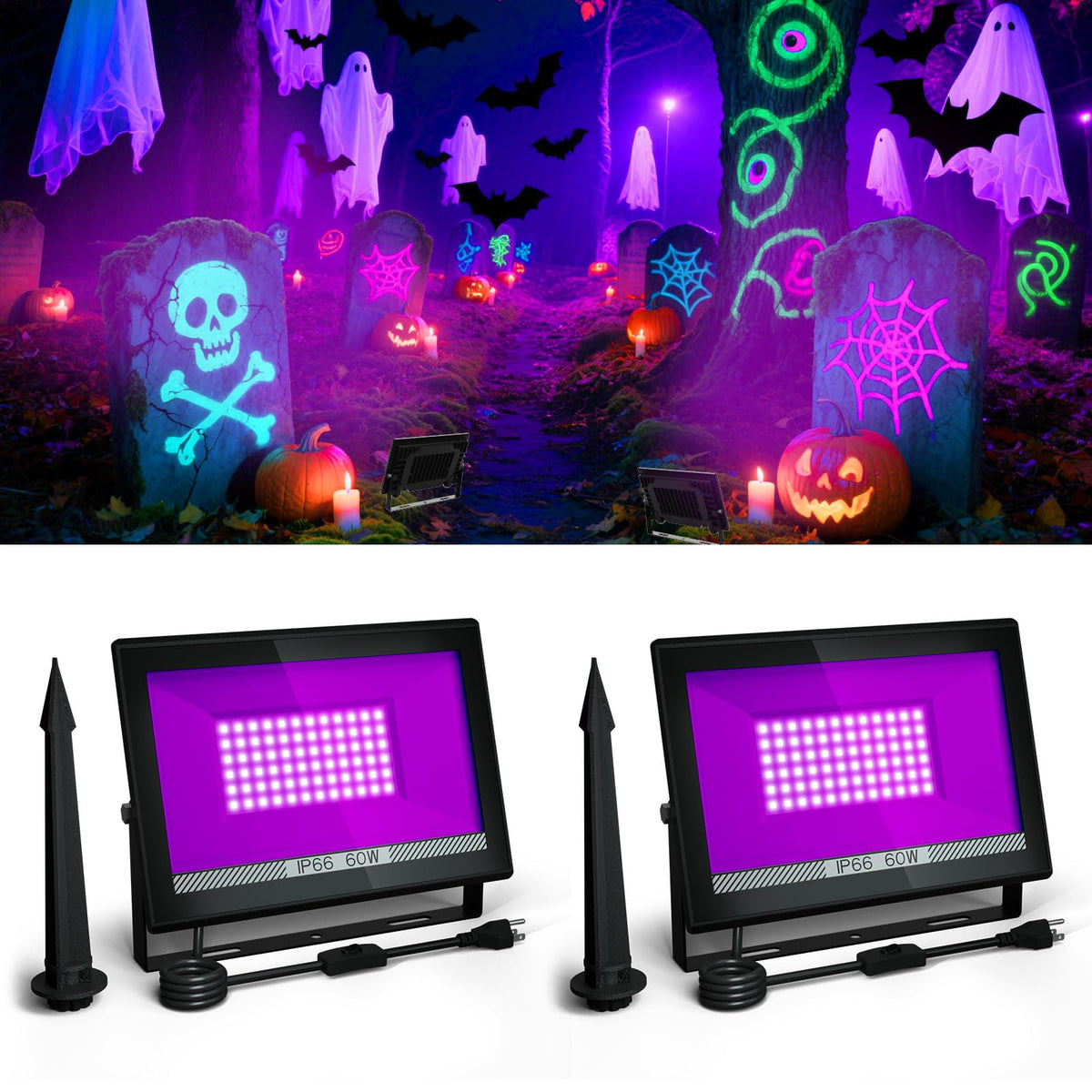 T-SUN 60W LED black light flood light for glow parties and posters.