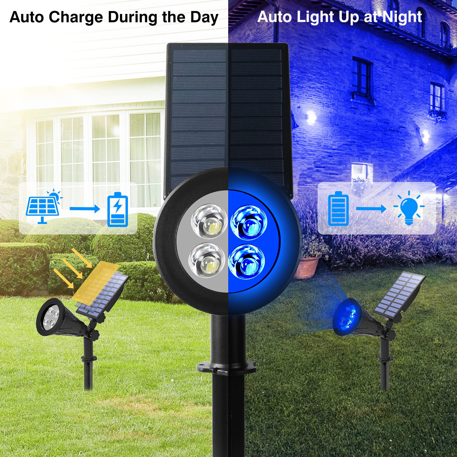 T-SUN Blue Solar Spotlight adjustable angle highlights a tree or focal point.