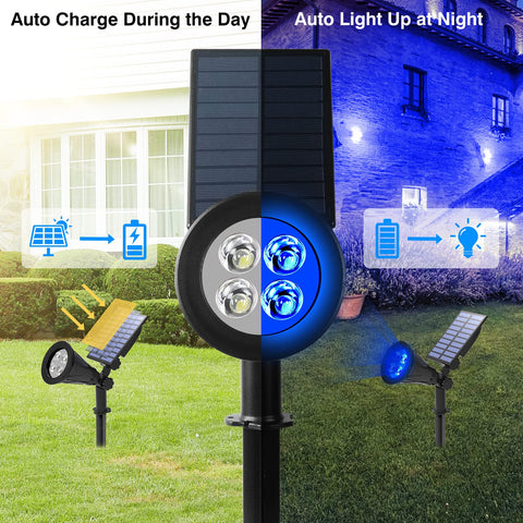 T-SUN Blue Solar Spotlight adjustable angle highlights a tree or focal point.