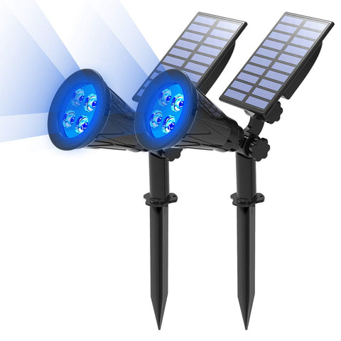 T-SUN Blue Solar Spotlight front view lighting garden path at night.